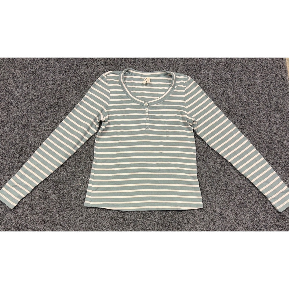 Pact Henley Top Womens Medium Blue White Striped Organic Cotton Long Sleeve